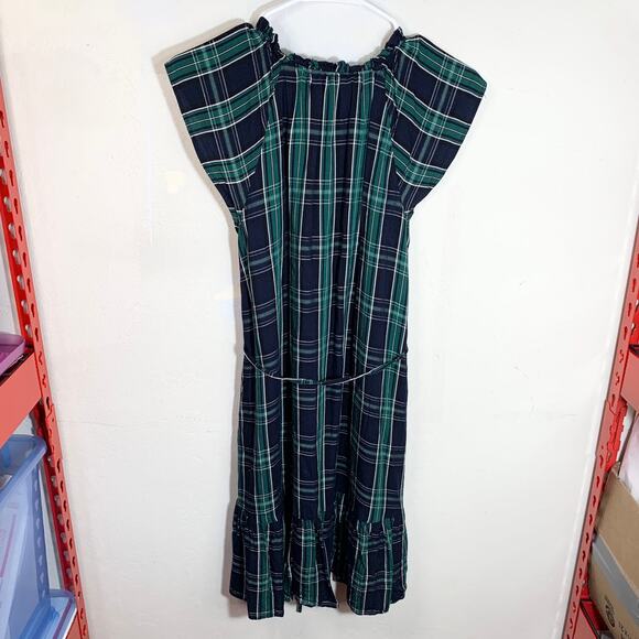 LOFT Dress Blue Green Plaid Shift Belted Short Sleeve Pleated Lined Size 2 - Picture 2 of 12